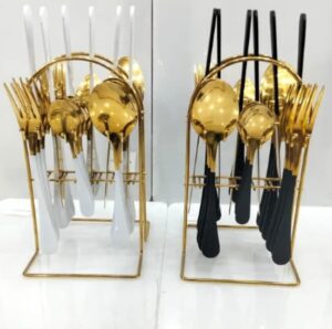 Luxury Cutlery Set with Stand – 24-Piece Stainless Steel Gold Plated Spoon, Fork & Knife Set | Elegant Dining Table Flatware