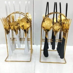 Luxury Cutlery Set with Stand – 24-Piece Stainless Steel Gold Plated Spoon, Fork & Knife Set | Elegant Dining Table Flatware