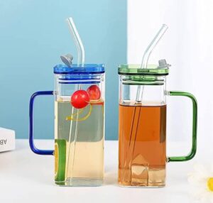 Stylish Transparent Glass Mug with Straw and Lid – Square Design Juice & Coffee Cup | Heat Resistant Glass Tumbler for Home & Office”