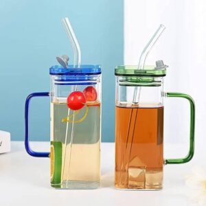 Stylish Transparent Glass Mug with Straw and Lid – Square Design Juice & Coffee Cup | Heat Resistant Glass Tumbler for Home & Office”